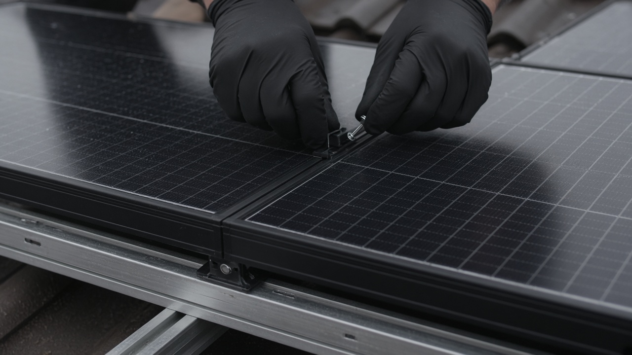 Montáž černých fotovoltaických panelů na střešní lišty